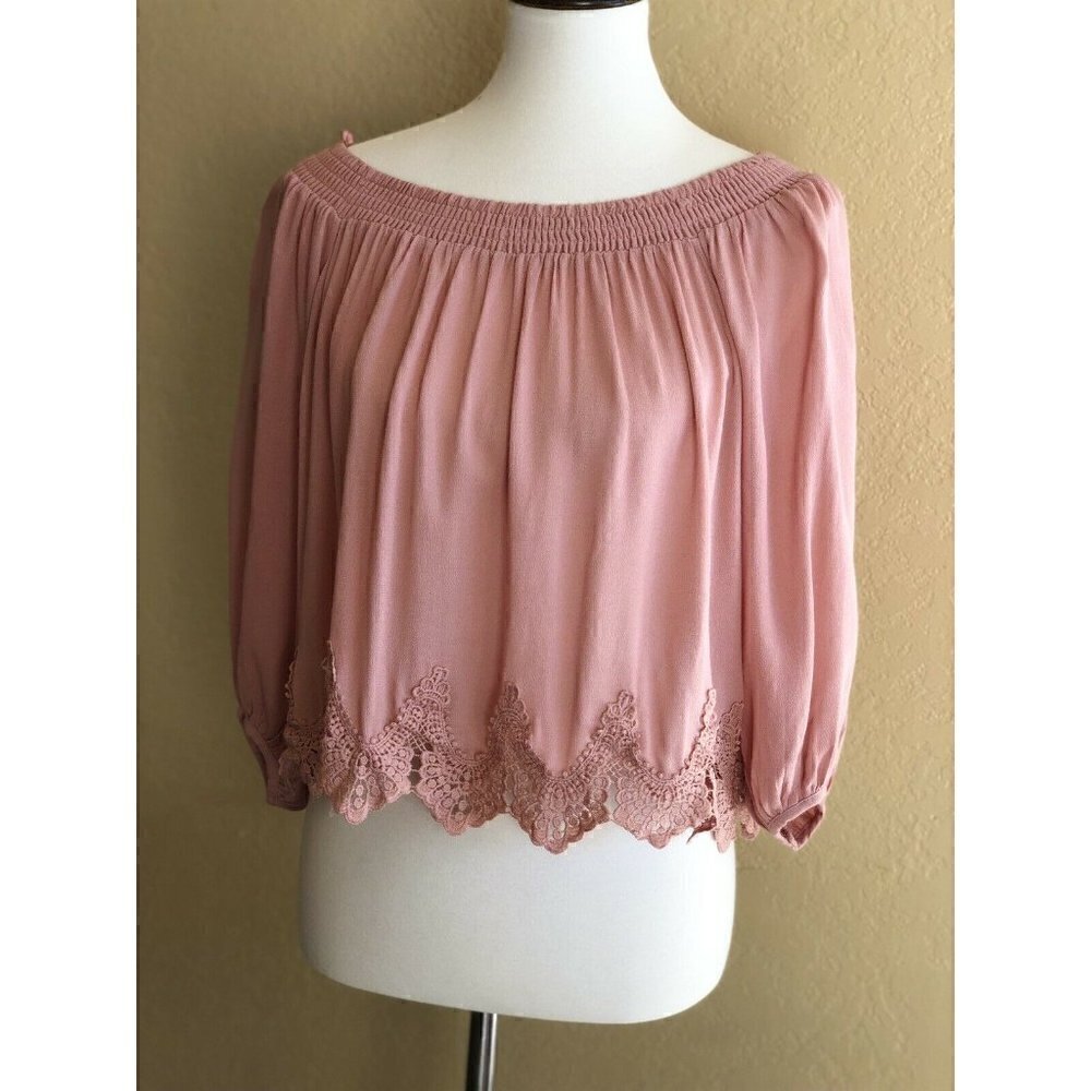 Lush Womens Pink Off The Shoulder Crochet Hem Blouse Top Size S - Picture 7 of 8